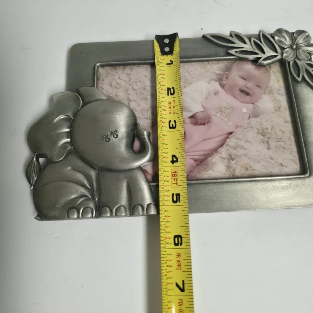 Vintage Fetco Metal Baby Picture Frame 4x6 Elephant Flower Silver Pewter Finish